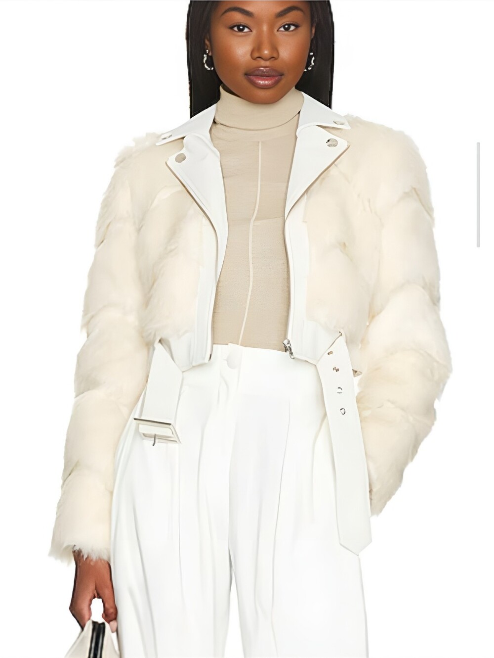 NWOT Camila Coelho Luxurious Cream Faux Fur Belted Moto Jacket Lydia Fall Winter